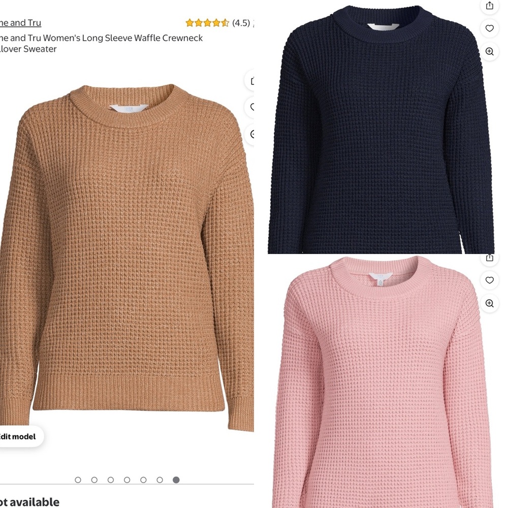 Lot of 3 Time and Tru Women's Long Sleeve Waffle Crewneck Pullover Sweaters